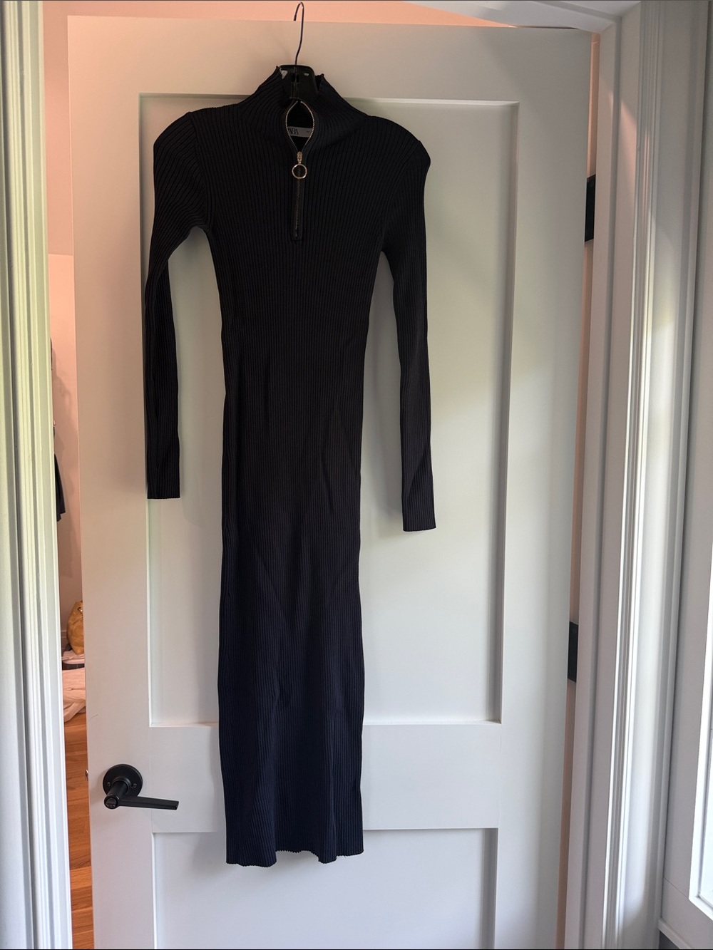 Zara Ribbed Long Sleeve Navy Midi Dress with Zip